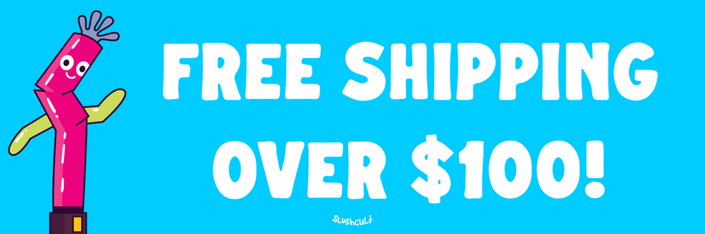 cartoon image with text "free shipping over $100"